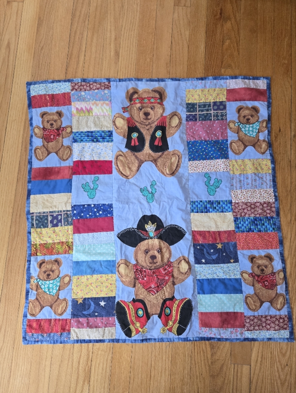 Quilted Baby Blanket Handmade Whimsical Teddy Bear Patchwork Reversable